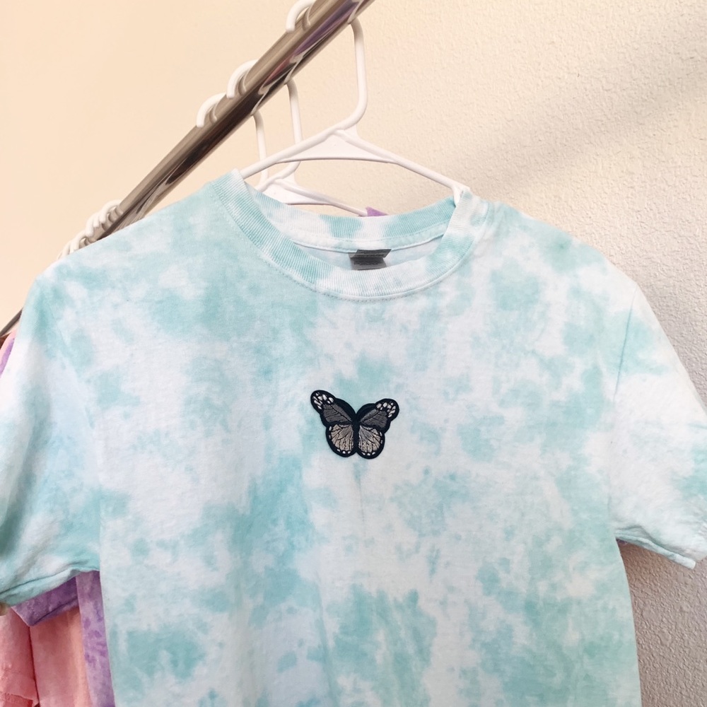 Teal tie dye T-shirt, with butterflies